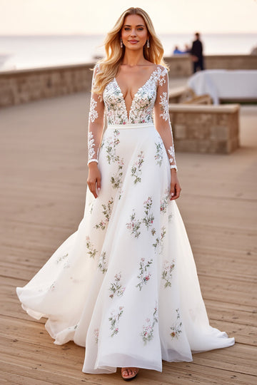 A Line Robe de mariée blanche appliquée à manches longues